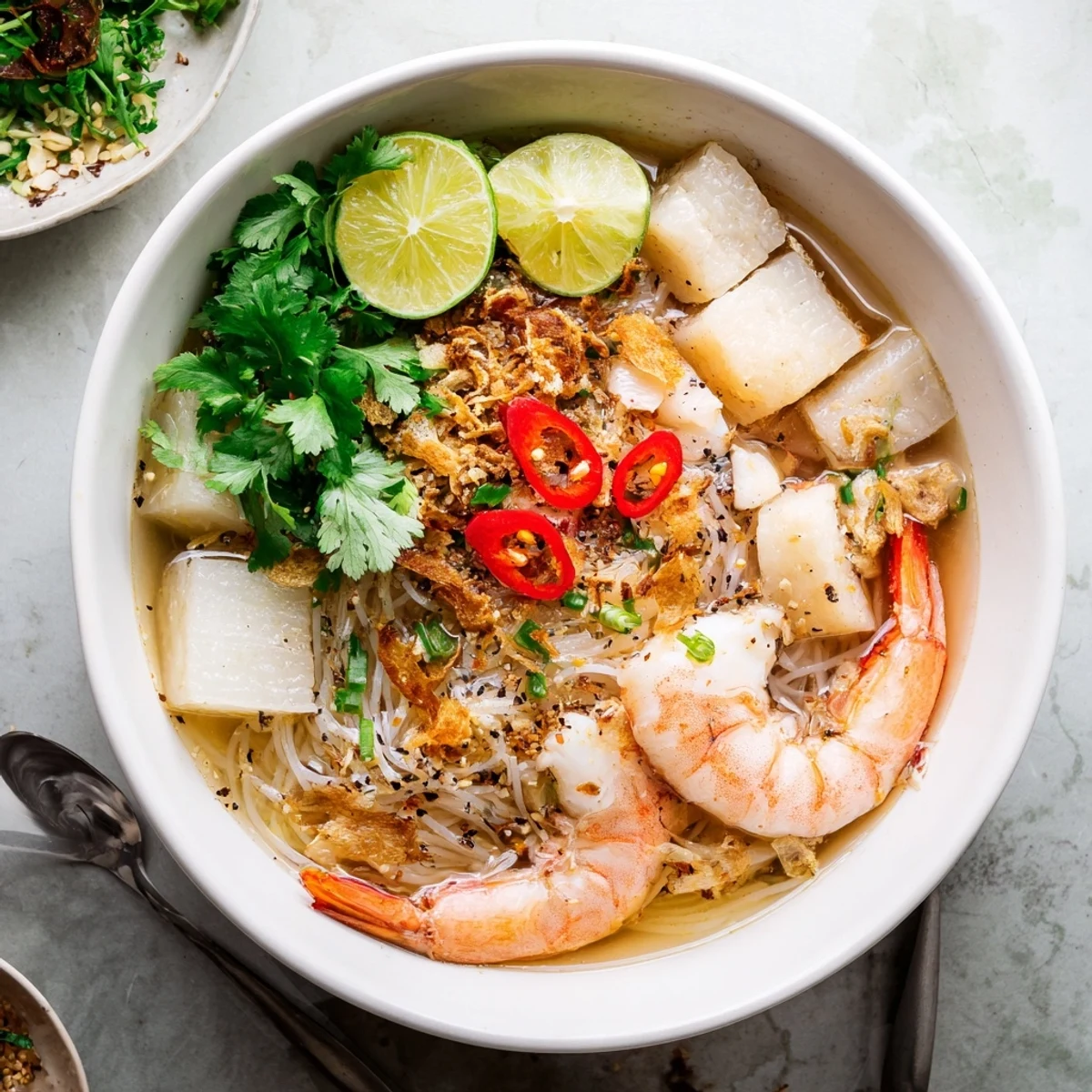 Steaming bowl of Banh Canh Cua Vietnamese crab noodle soup with thick tapioca noodles