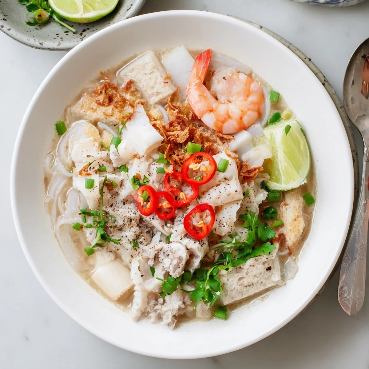 Banh Canh Cua featuring tender crab meat and shrimp in aromatic golden broth