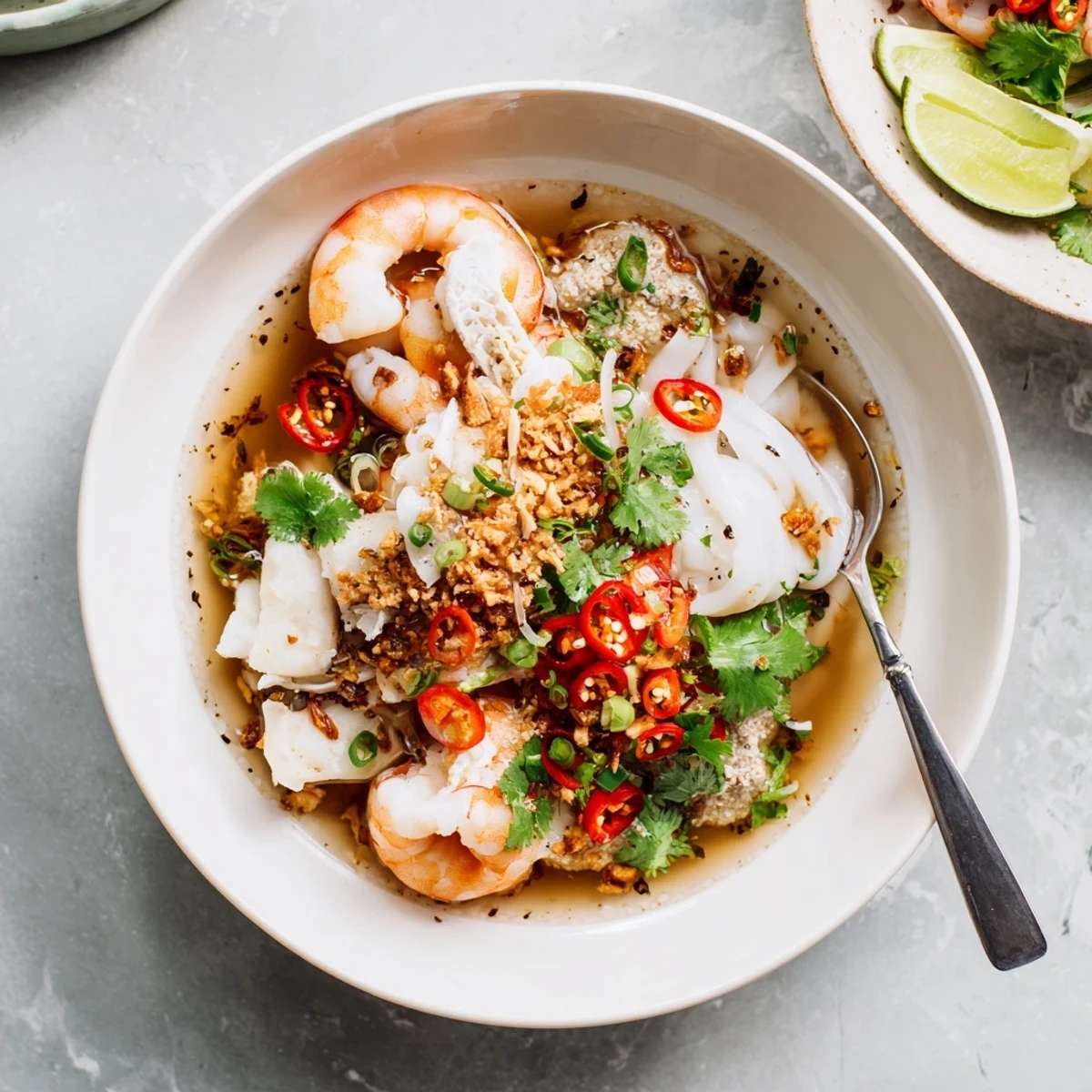 Vietnamese Banh Canh Cua garnished with cilantro, fried shallots, and fresh lime wedges