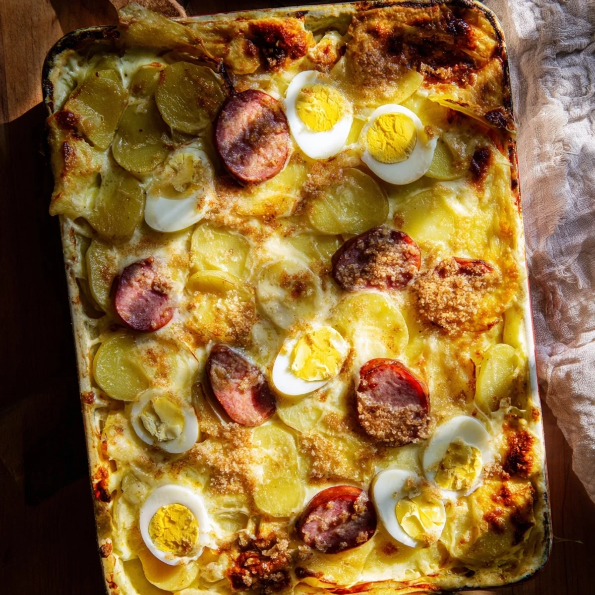 Golden Hungarian rakott krumpli casserole with layered potatoes, sausage, eggs, and creamy sour cream topping