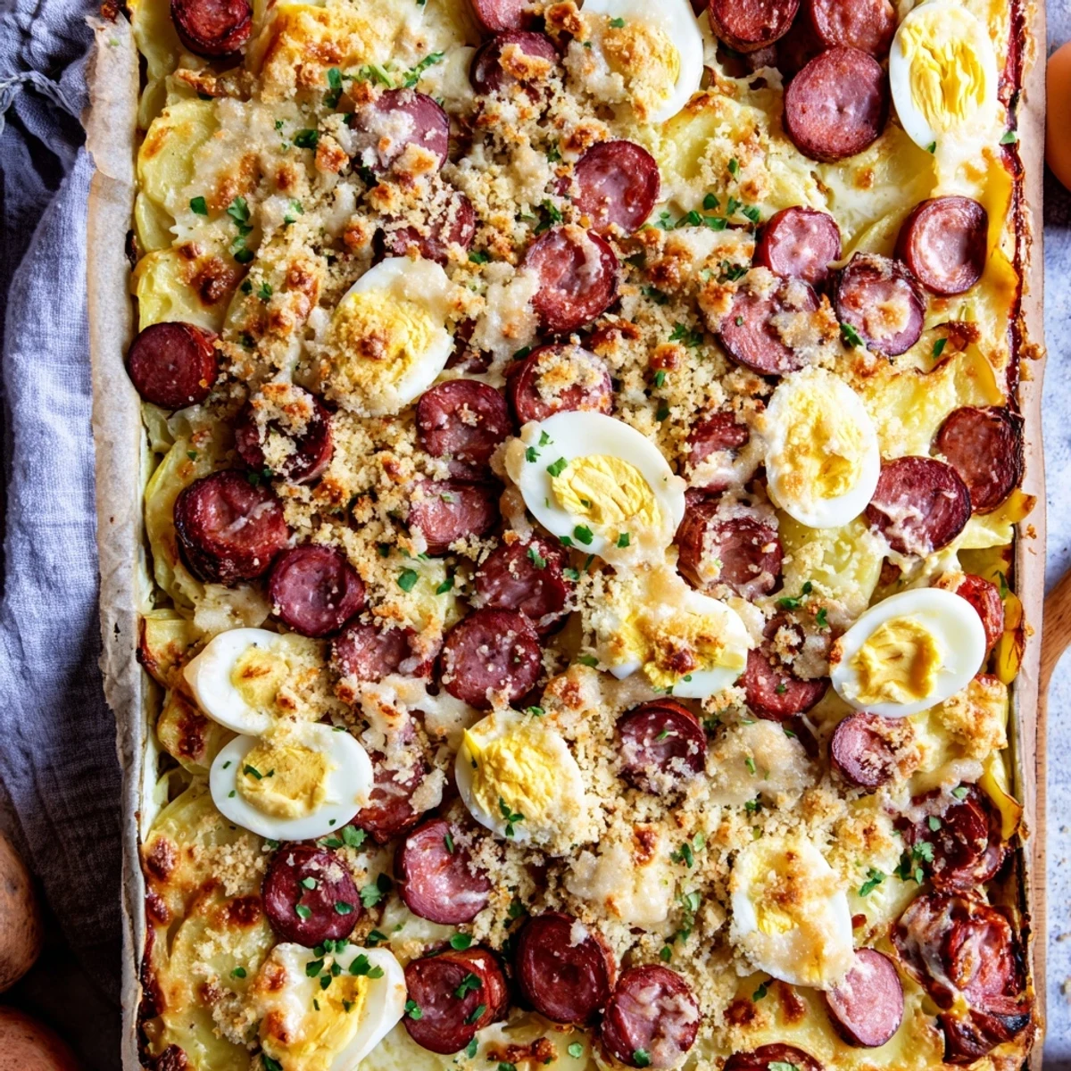 Bubbling rakott krumpli potato bake featuring smoky sausage slices and tender hard-boiled egg layers