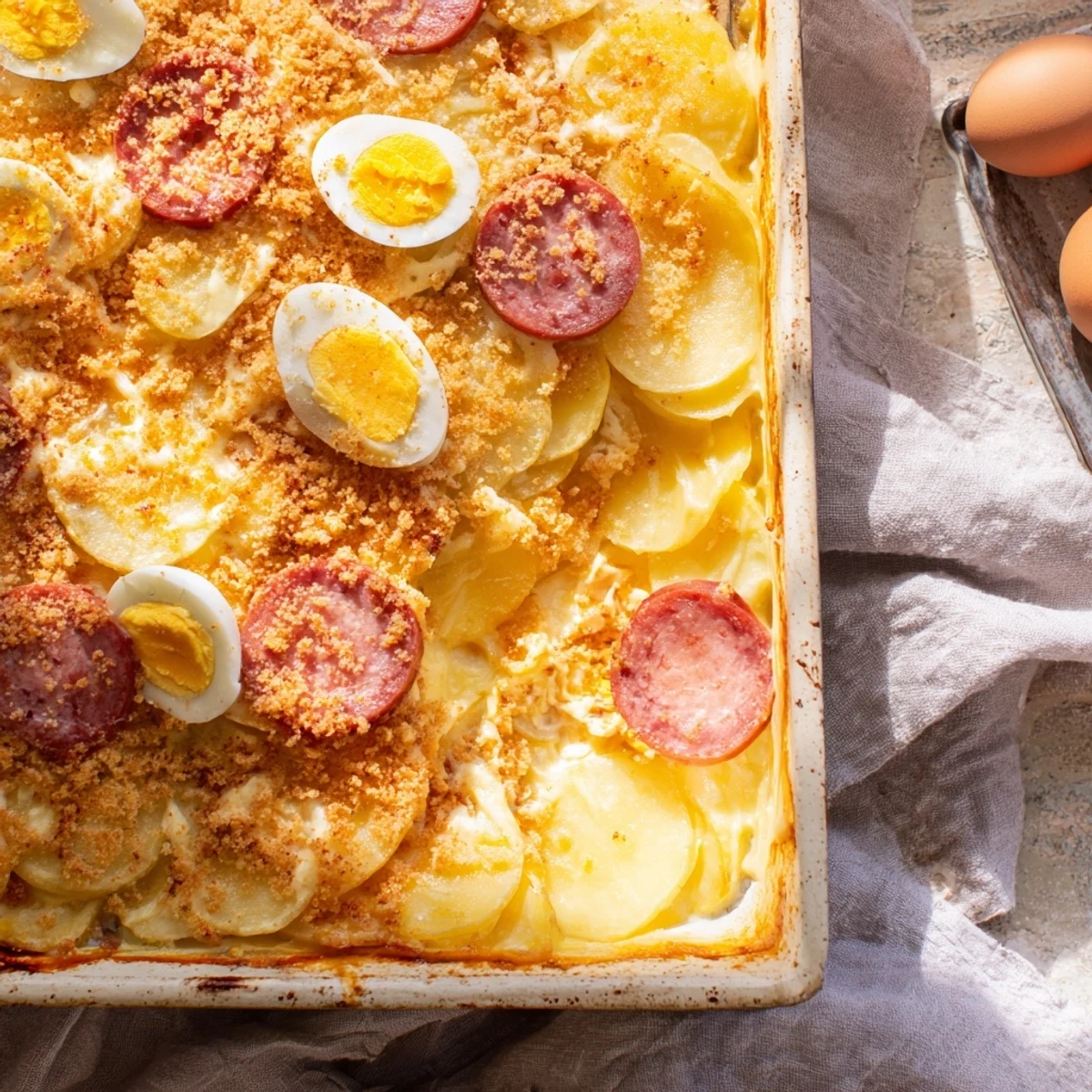 Sliced rakott krumpli comfort food showing golden potato rounds with savory sausage and creamy baked layers