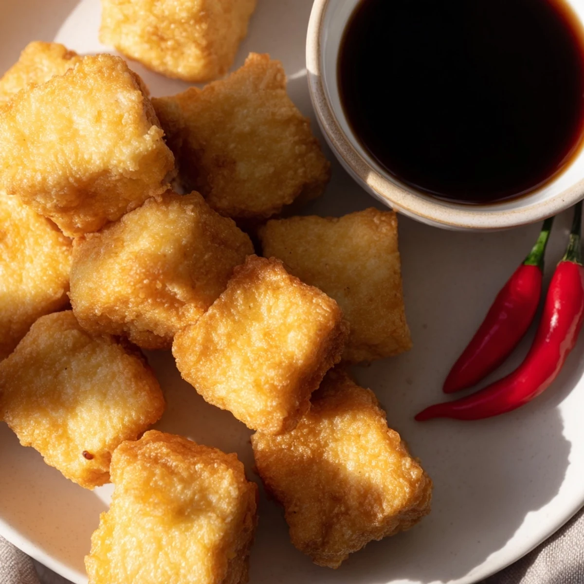 Golden crispy Tahu Sumedang fried tofu cubes arranged on serving plate with chilies