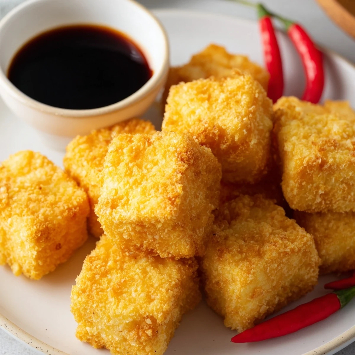 Basket of hot Indonesian Tahu Sumedang crispy tofu sprinkled with salt, steam rising