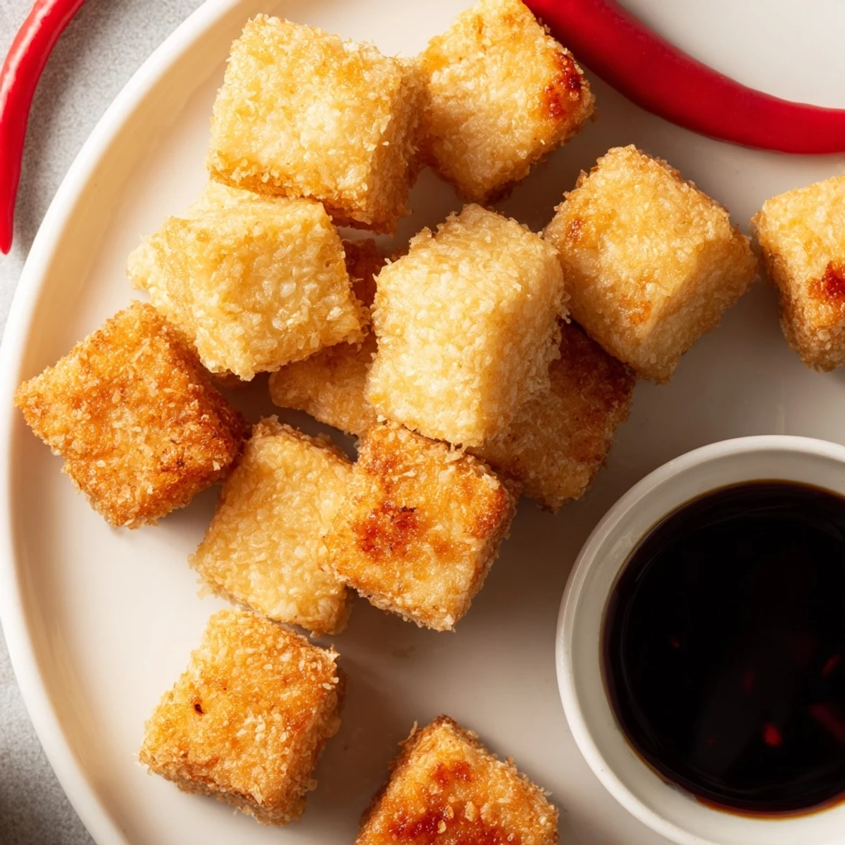 Deep fried golden Tahu Sumedang tofu pieces served with sweet soy sauce dip
