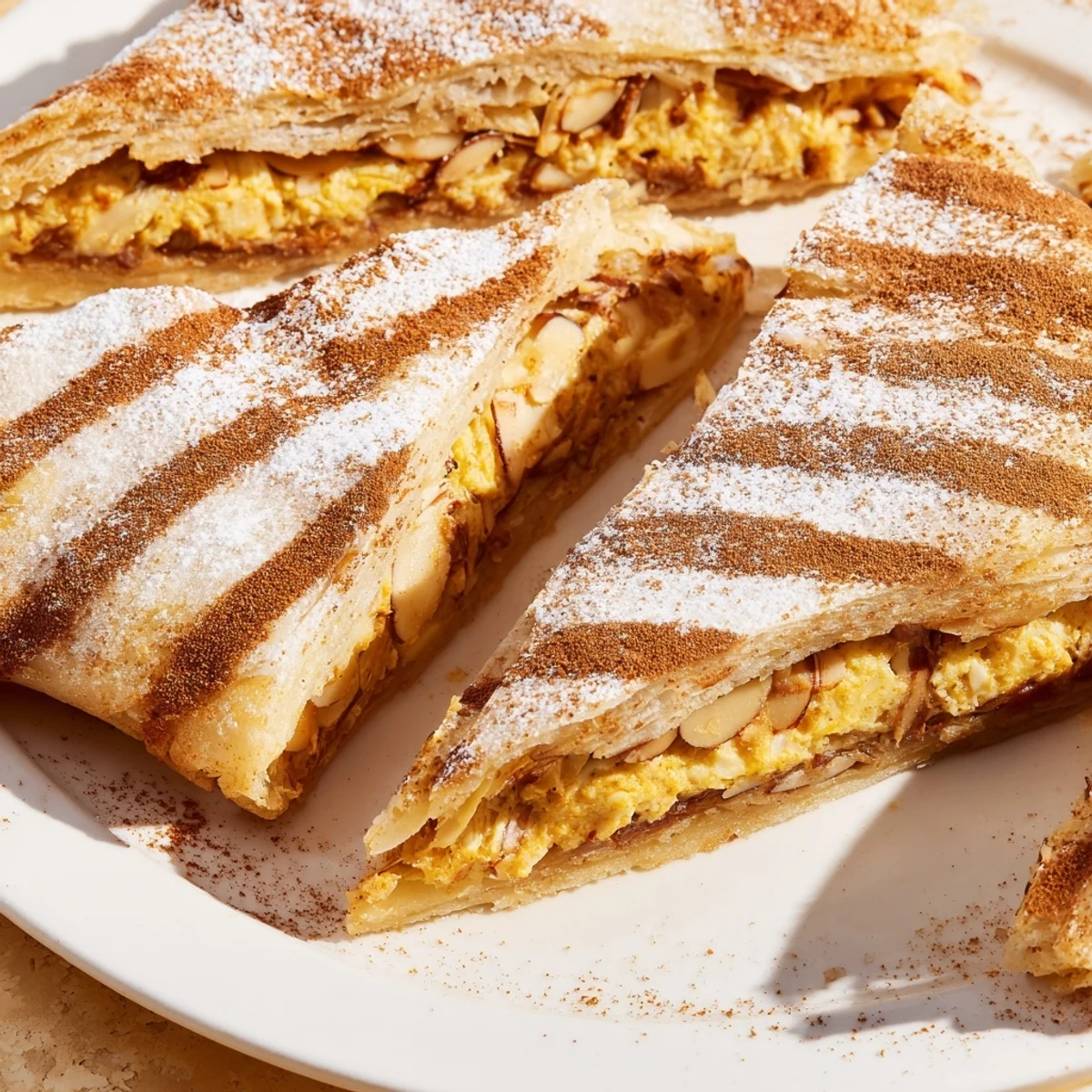 Golden Moroccan Bstilla pie featuring crisp buttery pastry dusted with cinnamon and powdered sugar