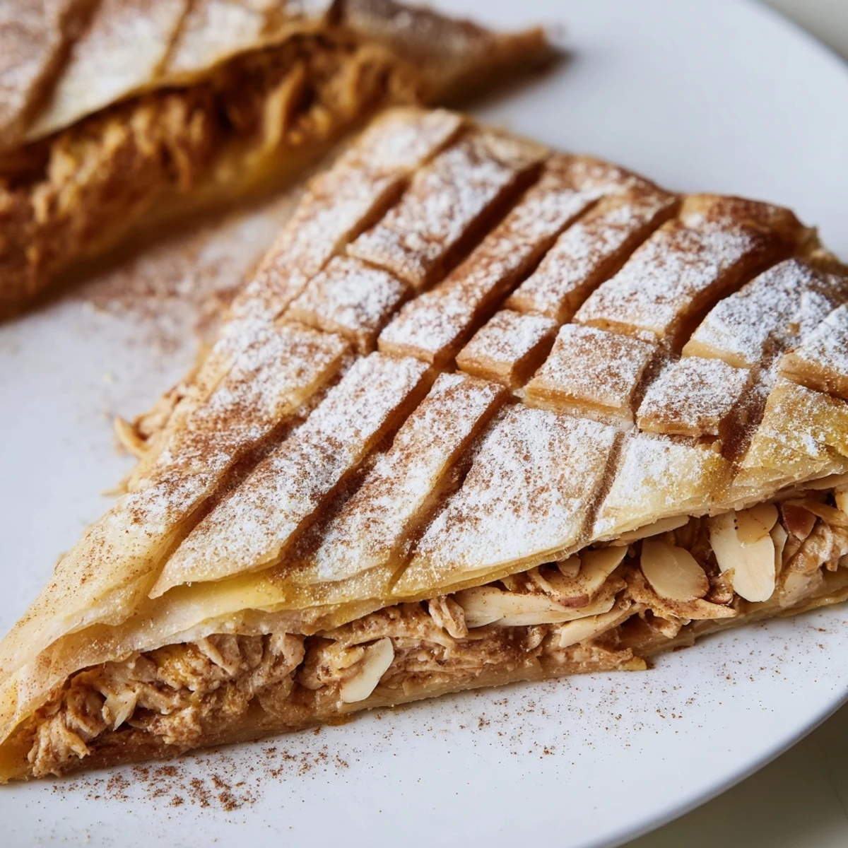 Savory spiced chicken and almond Bstilla slice revealing layers of tender meat and flaky pastry