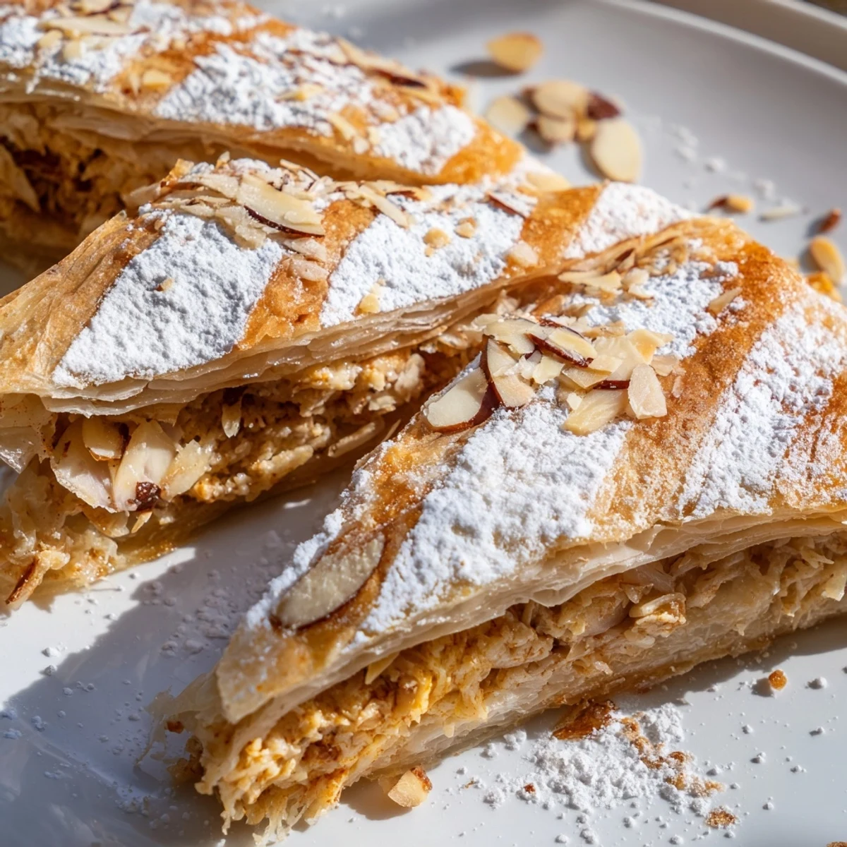 Moroccan Bstilla with sweet and savory layers of shredded poultry eggs almonds surrounded by golden warqa