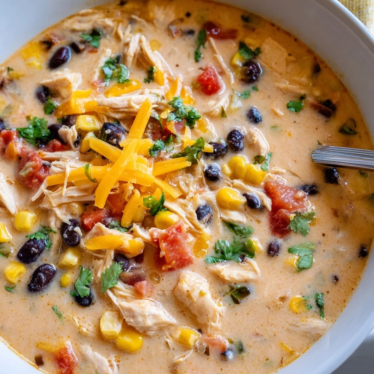 Steamy bowl of creamy chicken taco soup loaded with beans, corn, and tender shredded chicken pieces