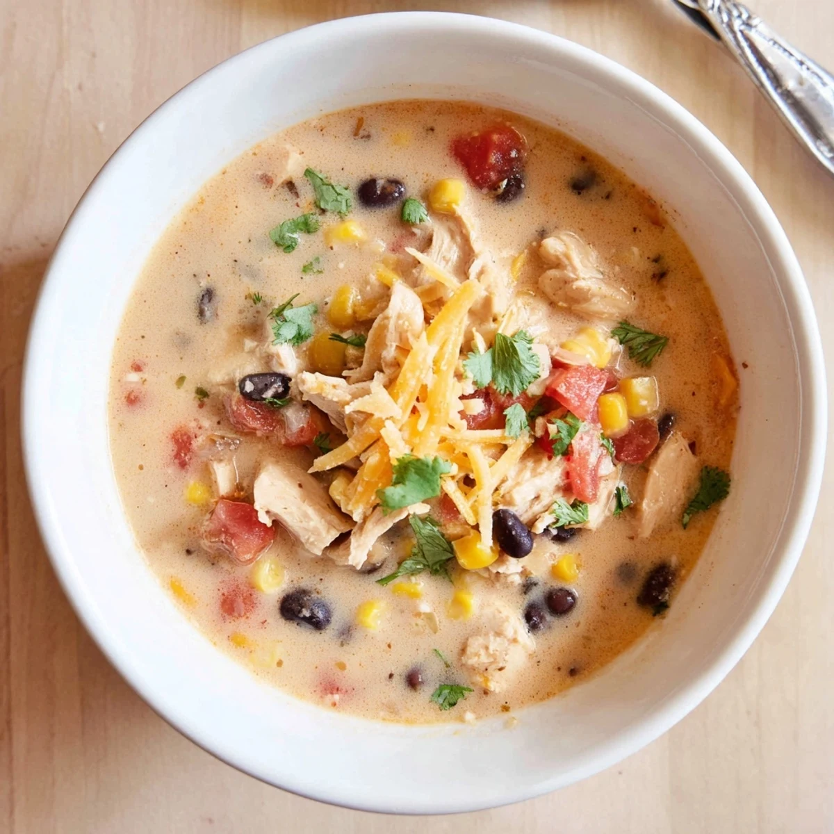 Rustic dutch oven of easy creamy chicken taco soup garnished with fresh cilantro, cheese, and crushed chips