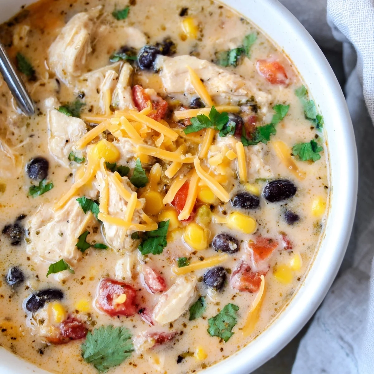 Close-up of rich tex-mex chicken taco soup swirling with heavy cream and melted cream cheese broth