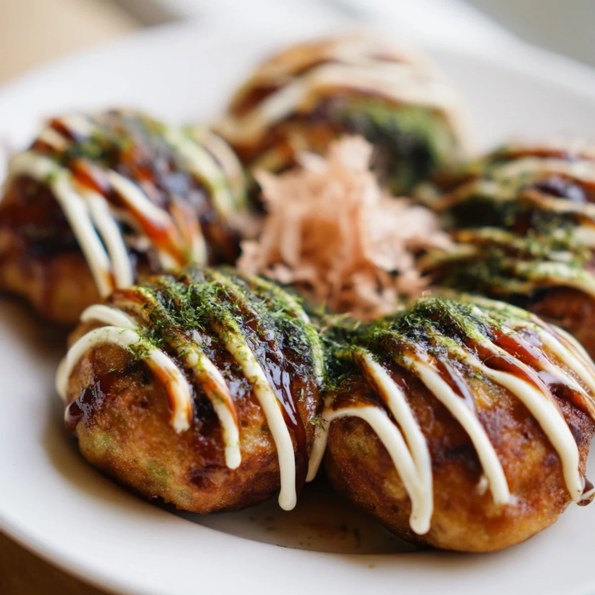 Crispy octopus-filled takoyaki sprinkled with dancing bonito flakes and fresh green onions