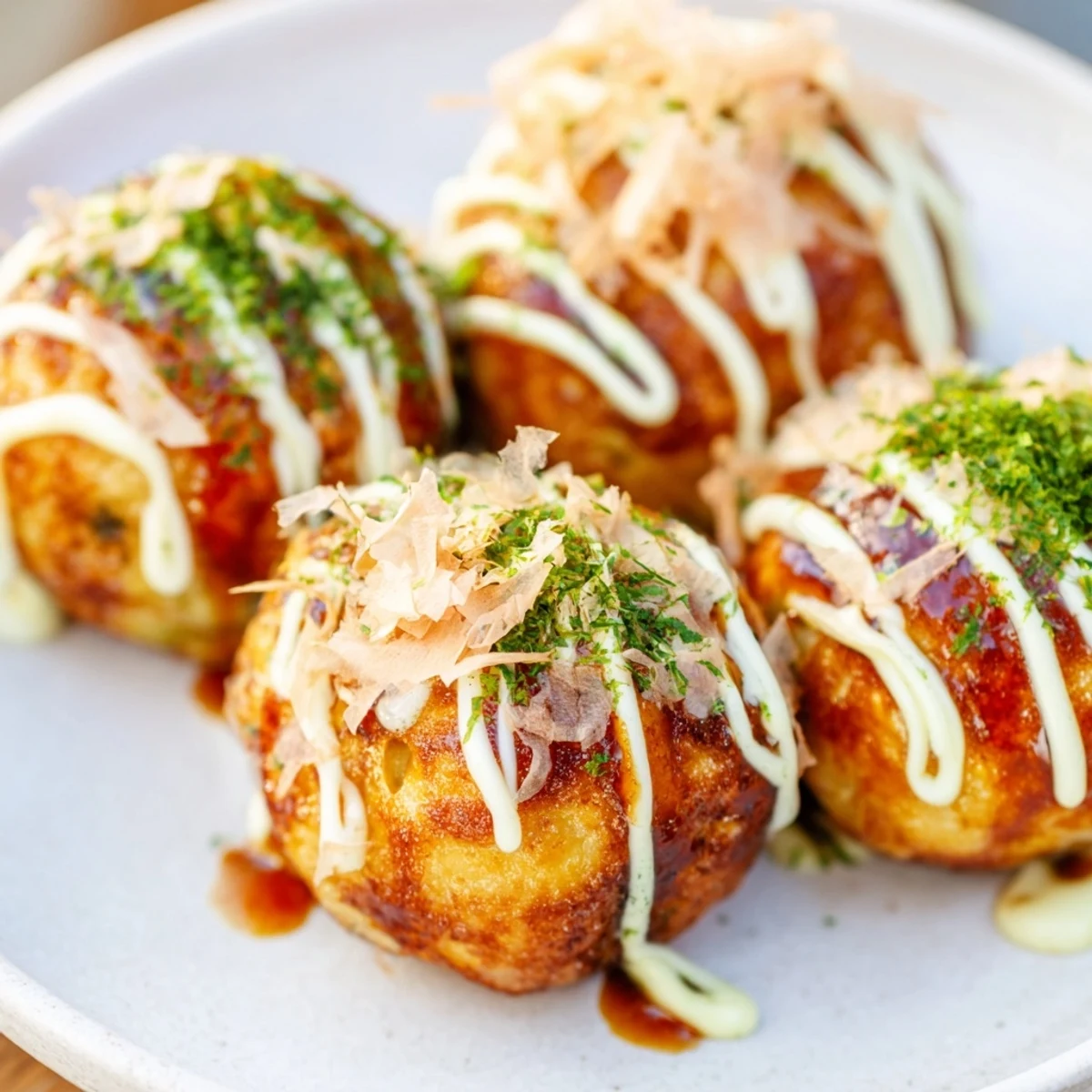 Golden brown Japanese takoyaki balls drizzled with savory sauce and mayonnaise toppings