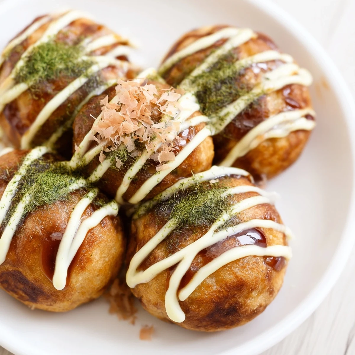 Steaming hot takoyaki arranged on a plate featuring tender octopus chunks inside