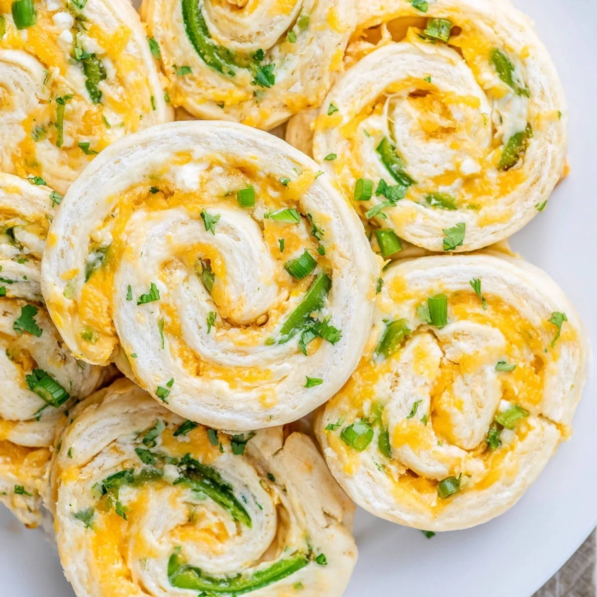 Golden baked jalapeno popper pinwheels arranged on a white serving platter with fresh cilantro garnish