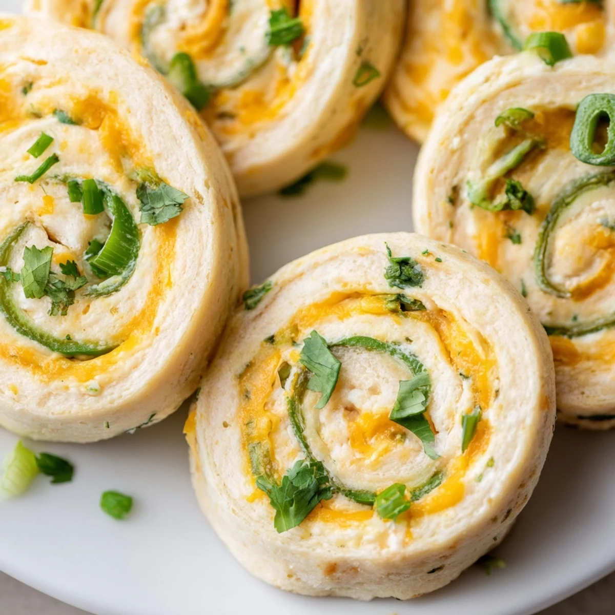 Close-up of spiral pinwheel slices revealing creamy cheddar and diced green jalapeno centers