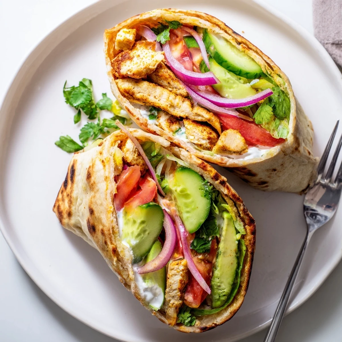 Golden high protein cottage cheese flatbread wrapped around seasoned grilled chicken with fresh lettuce tomato avocado