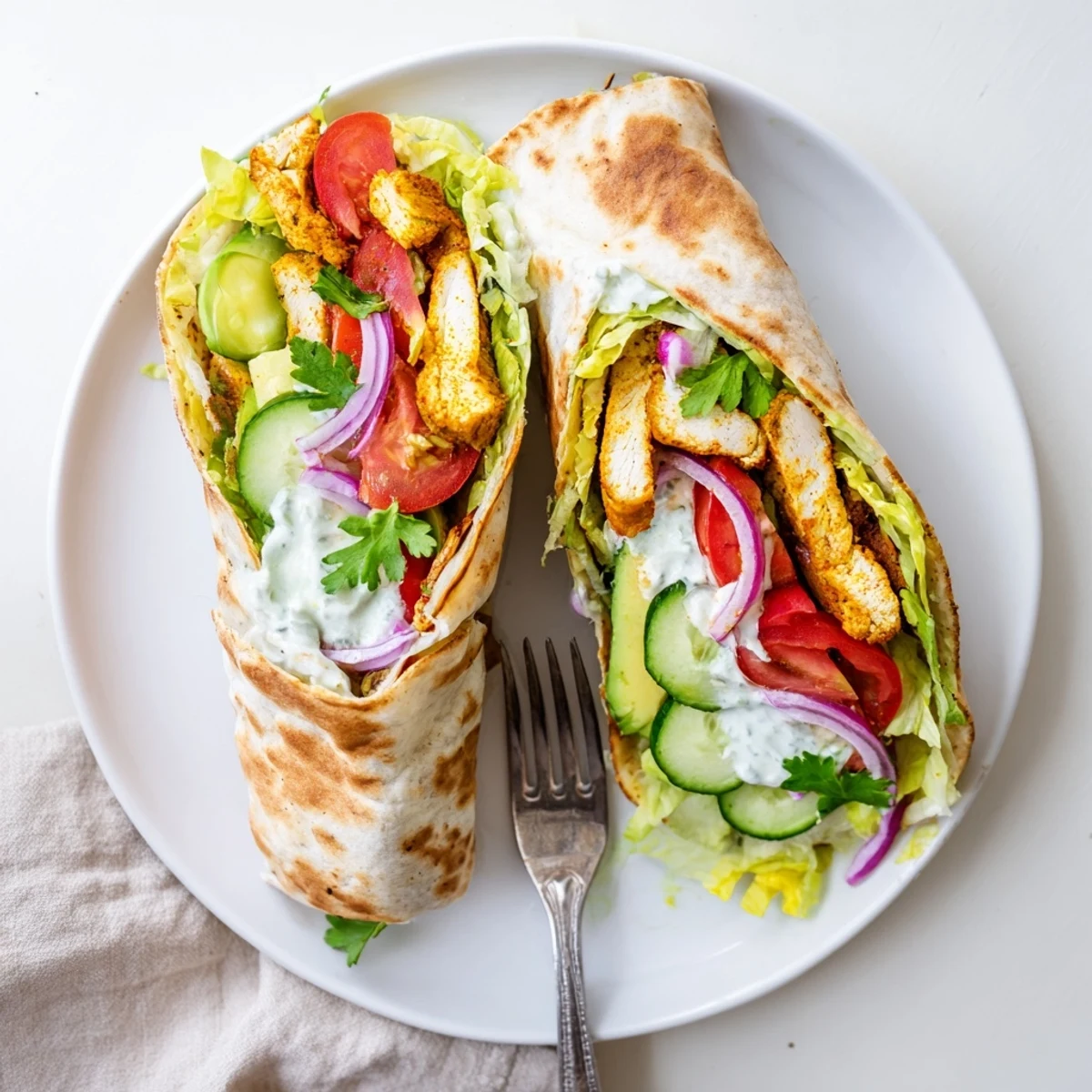 Crispy homemade cottage cheese flatbread filled with juicy spiced chicken slices crisp vegetables ripe avocado