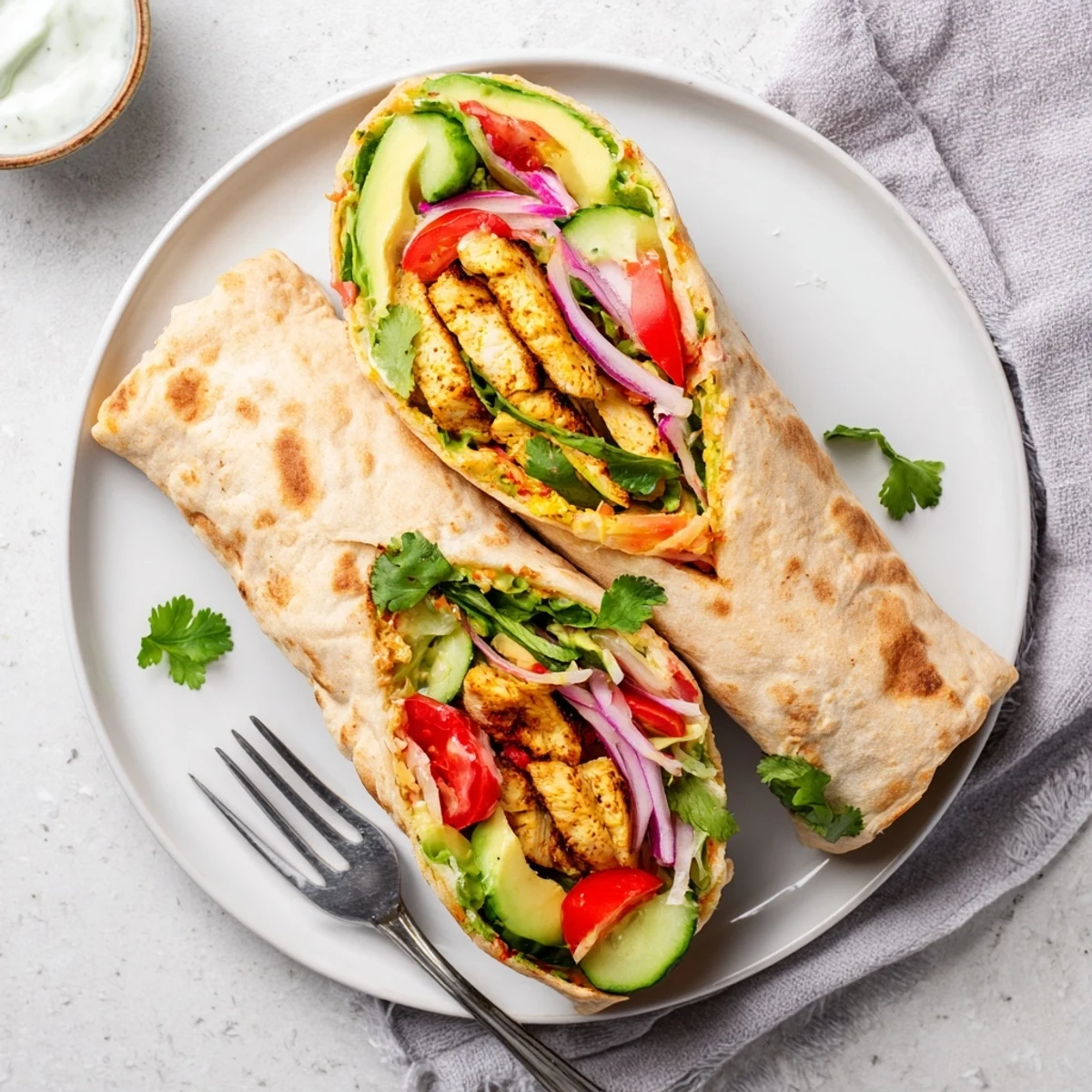 Protein-packed crispy cottage cheese flatbread chicken wrap loaded with colorful vegetables and creamy Greek yogurt