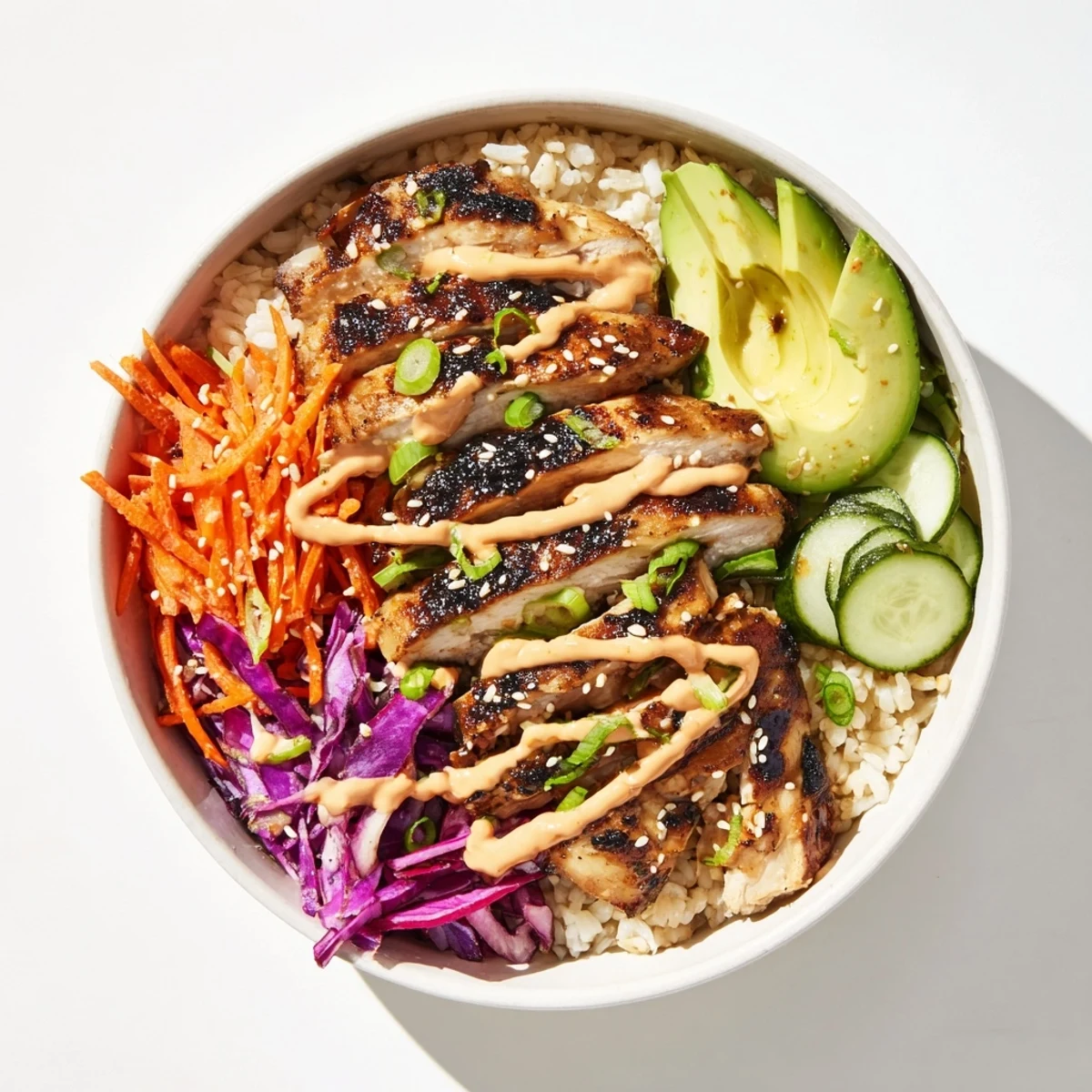 Vibrant Korean BBQ chicken bowl topped with colorful vegetables and spicy gochujang mayo drizzle.