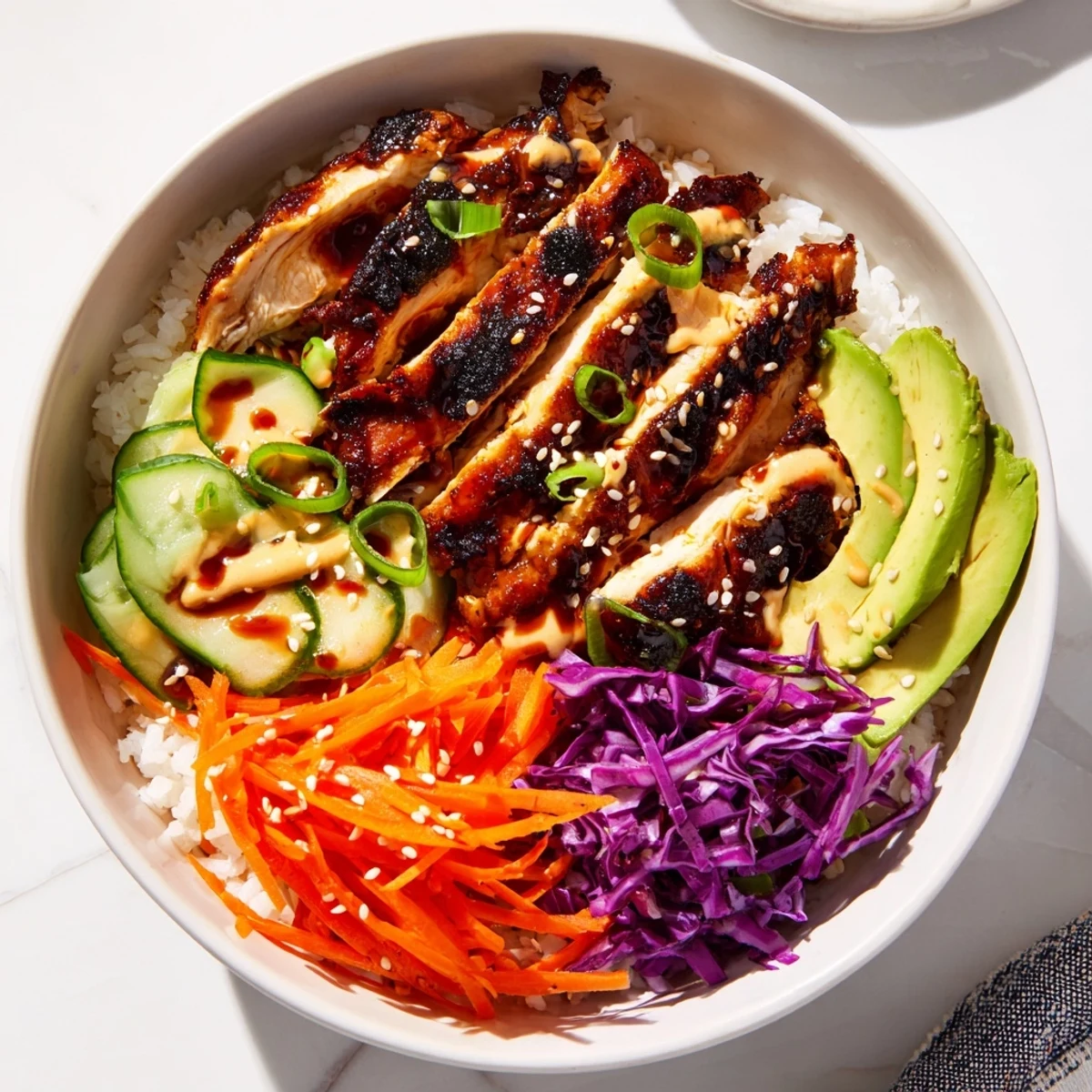 Sliced Korean BBQ chicken arranged over rice with fresh avocado and crunchy purple cabbage.