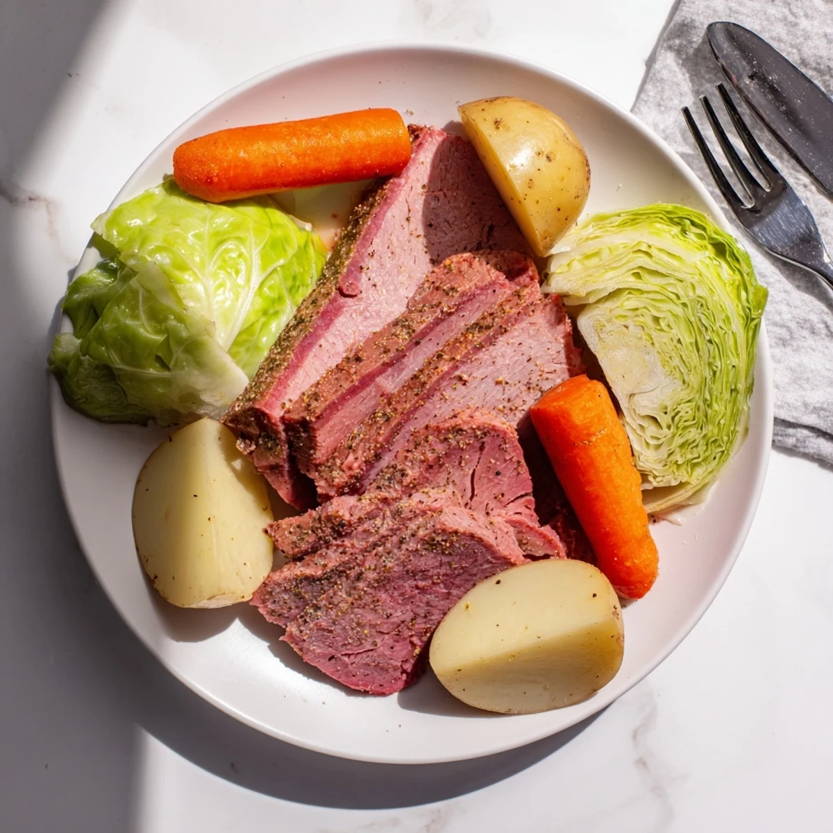 Tender slow cooker corned beef with cabbage, potatoes, and carrots in a rich broth