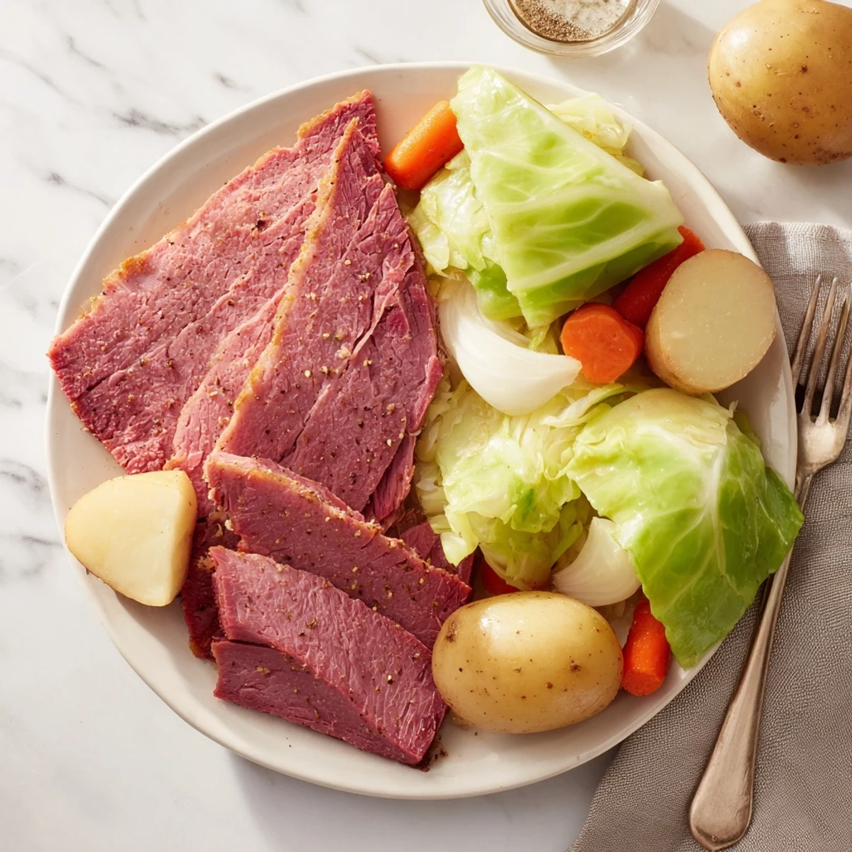 Hearty corned beef and cabbage meal steaming in a bowl with colorful root vegetables