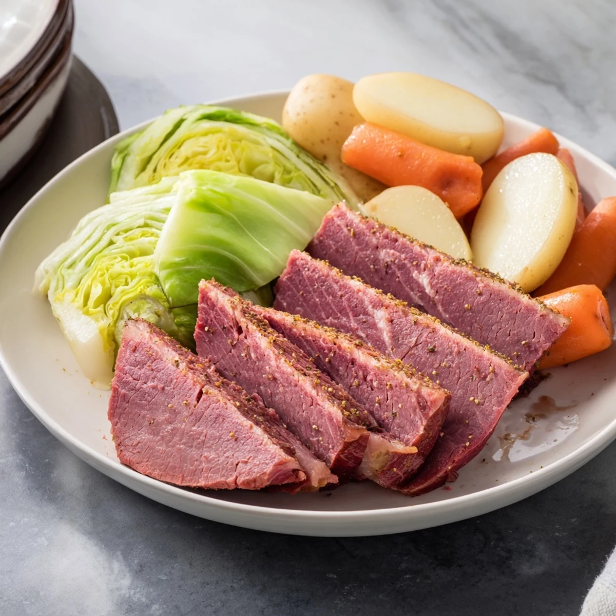 Golden corned beef brisket slices served alongside buttery cabbage and roasted vegetables on a platter
