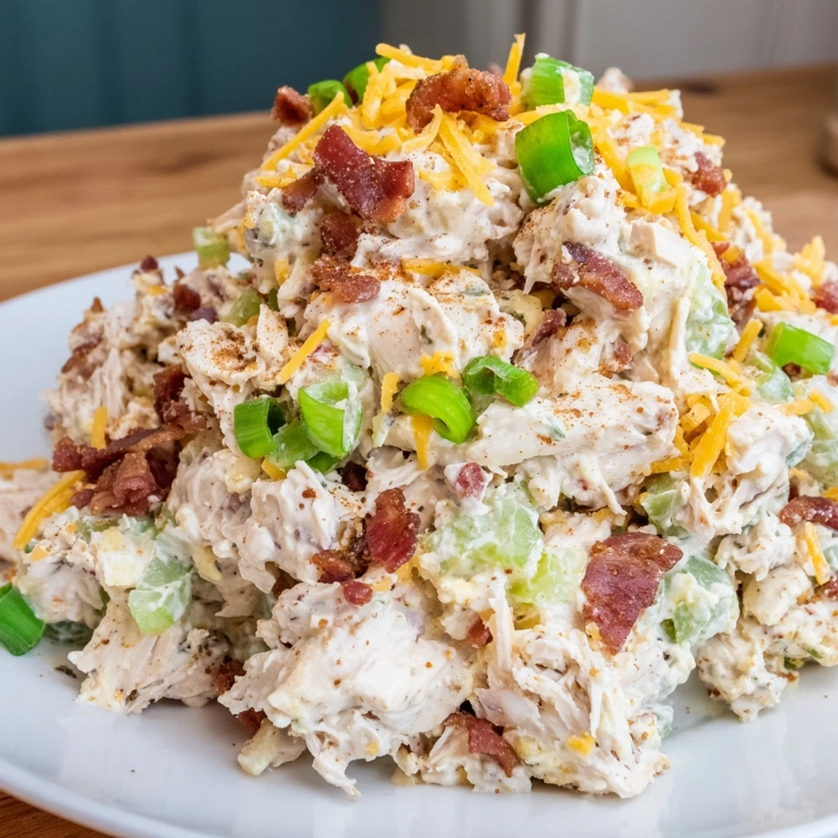 Creamy keto chicken salad loaded with bacon, jalapenos, and cheddar in a white serving bowl