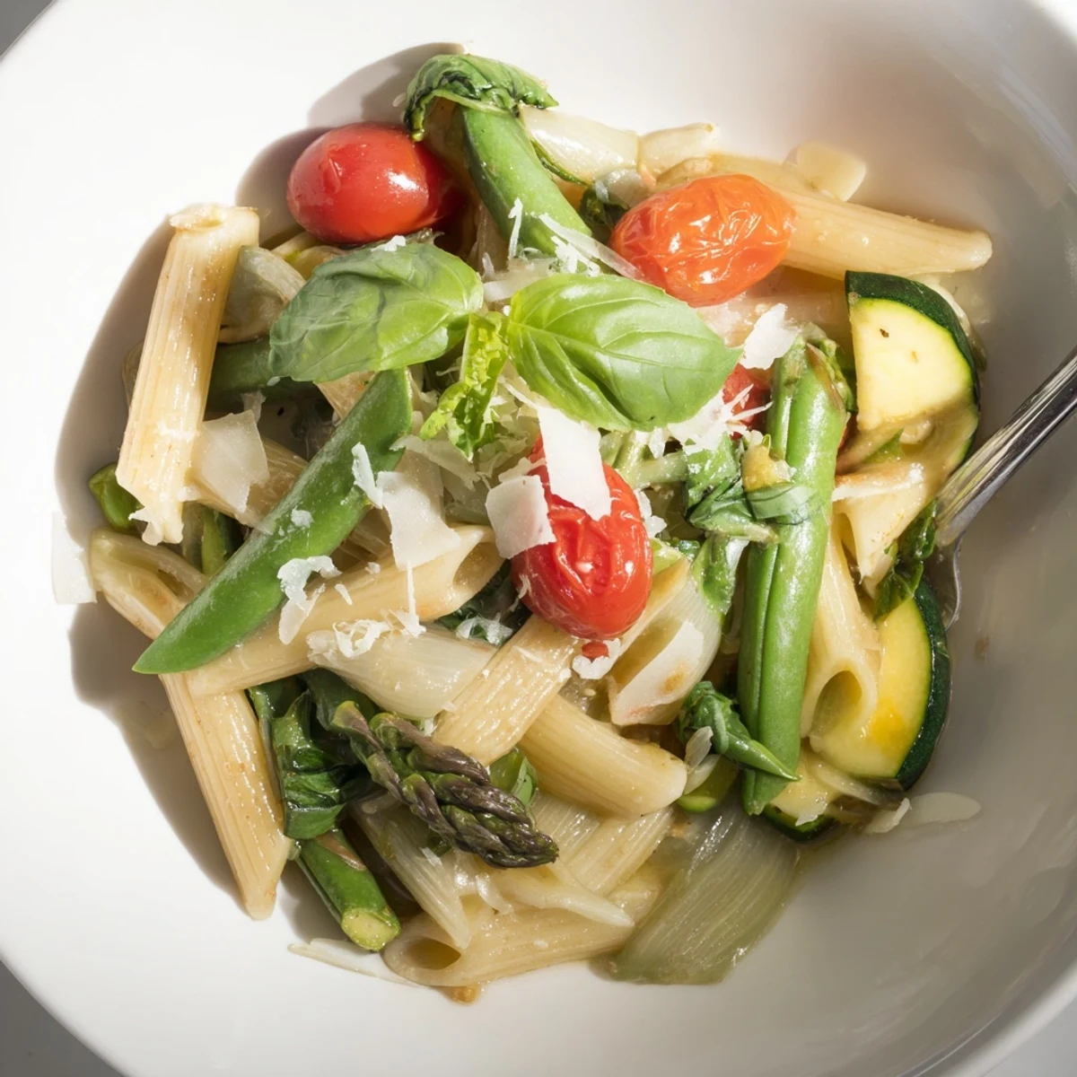 Creamy one pot spring vegetable pasta tossed with tender asparagus, zucchini, and sweet cherry tomatoes