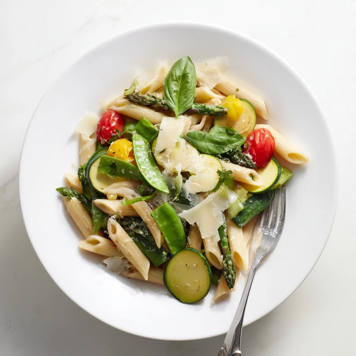 Fresh one pot spring vegetable pasta with crisp snap peas, spinach, and basil garnish in a rustic serving bowl