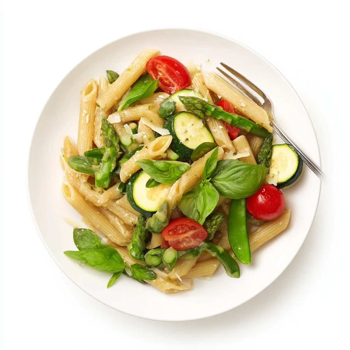 Vibrant one pot spring vegetable pasta dish featuring colorful seasonal vegetables in a light lemon parmesan sauce