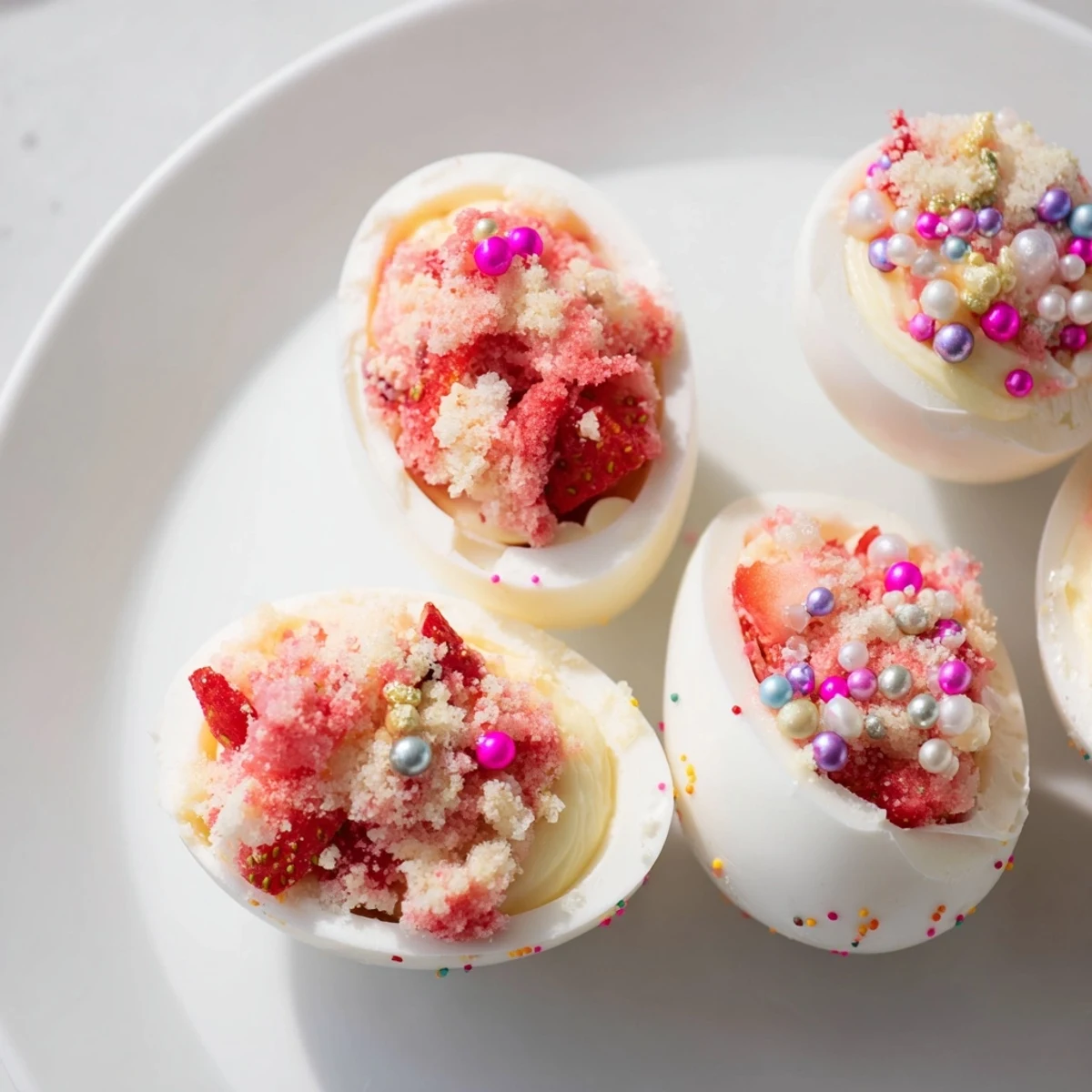 White chocolate Easter egg bombs filled with creamy strawberry shortcake mixture and colorful sprinkles