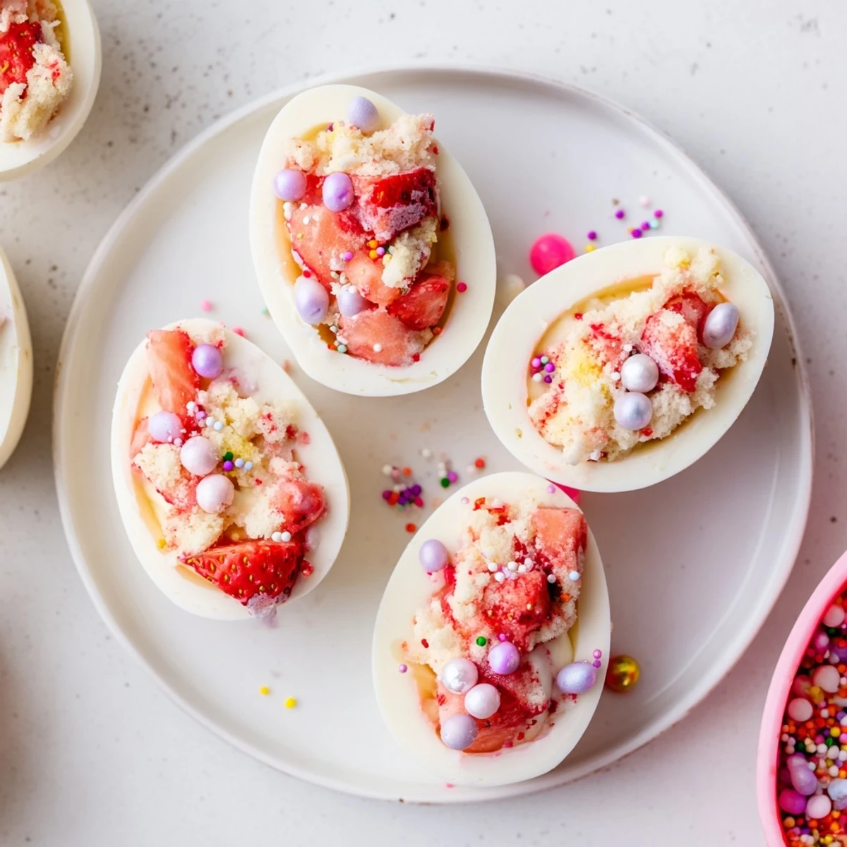 Handmade strawberry shortcake Easter egg bombs featuring smooth white chocolate shells with pink strawberry cream filling