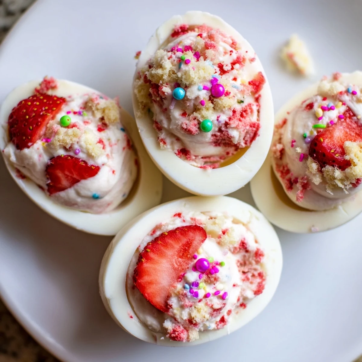 Festive Easter dessert showcasing white chocolate egg bombs stuffed with fresh strawberry shortcake and cake crumbles