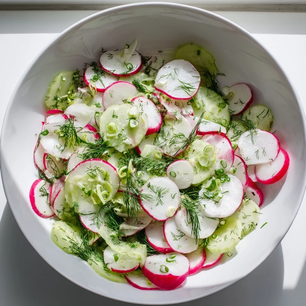 Crisp sliced radishes and cucumbers tossed in tangy lemon dressing on a rustic wooden table
