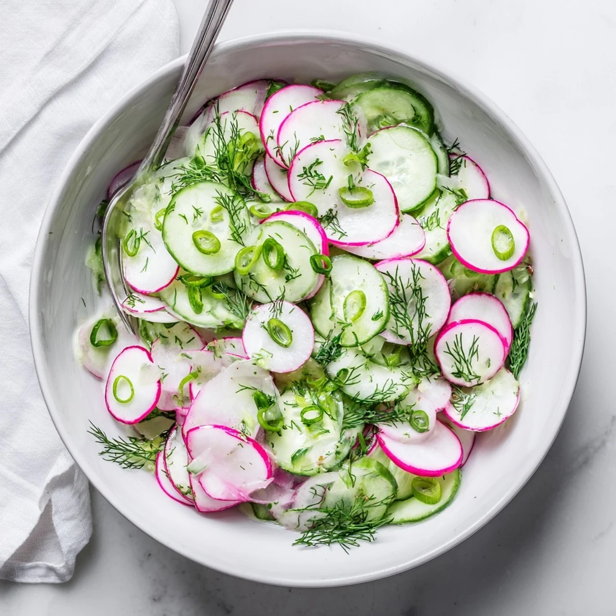 Colorful radish and cucumber salad featuring peppery red rounds and cool green slices topped with fresh herbs