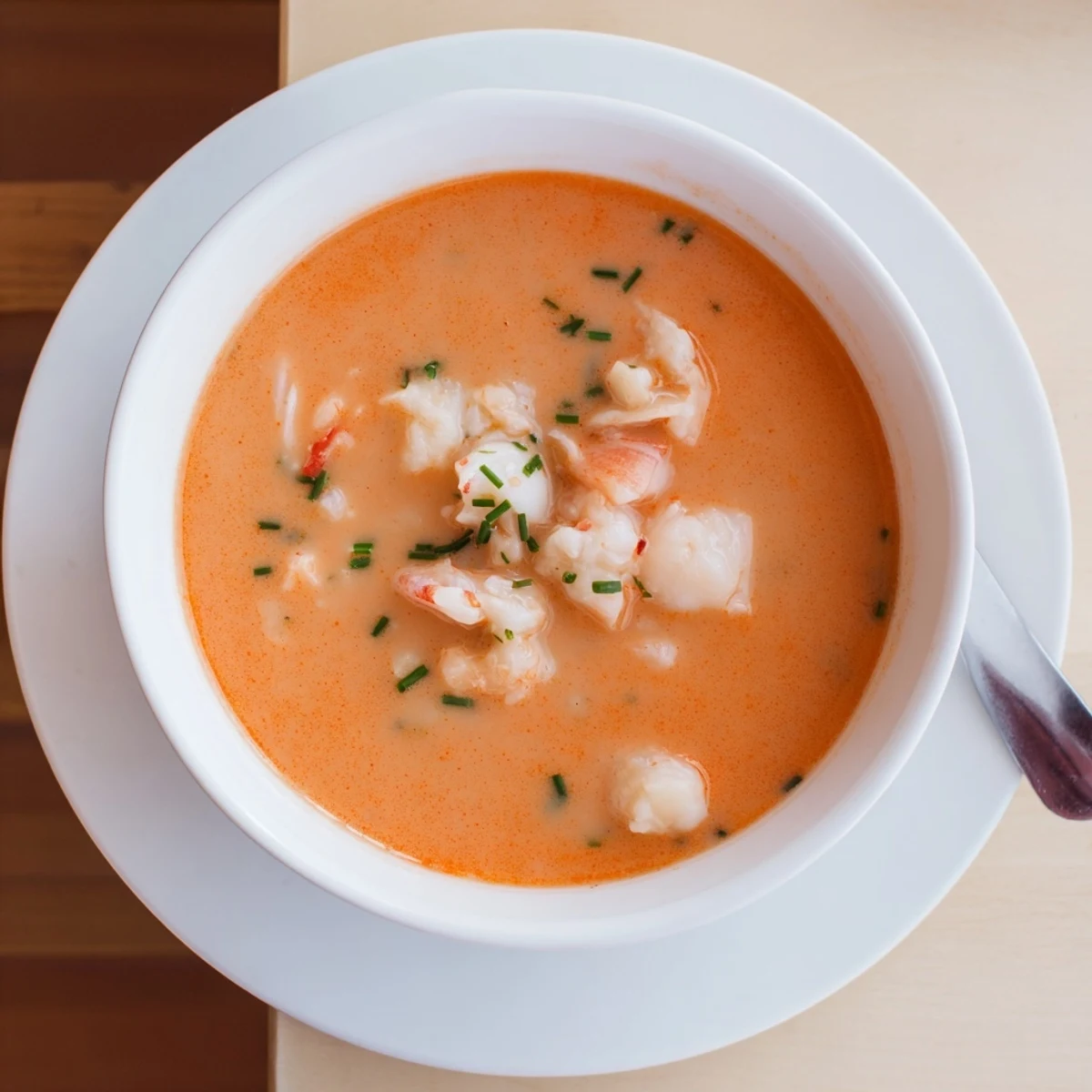 French seafood bisque ladled into white bowl, topped with tender seafood and chopped herbs