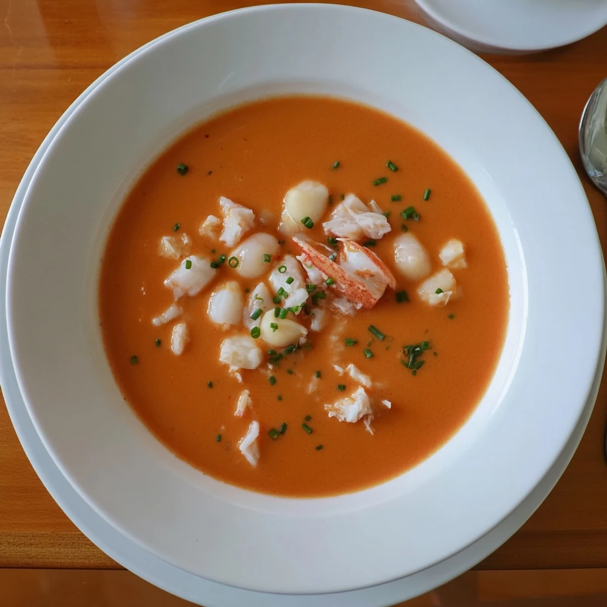 Creamy seafood bisque with plump shrimp, scallops, and crab meat garnished with fresh chives