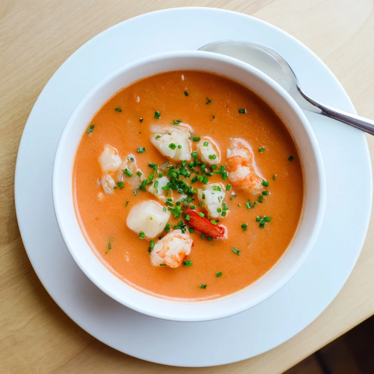 Velvety seafood bisque featuring shrimp and crab, served hot with crusty French bread on side