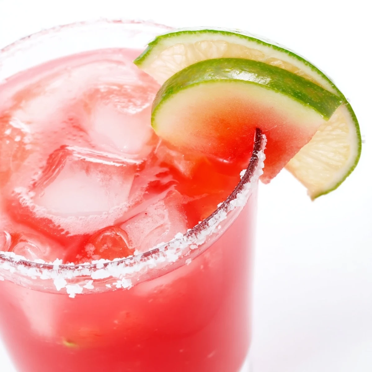 Vibrant pink watermelon margarita mocktail garnished with fresh lime wedges and watermelon slices on ice