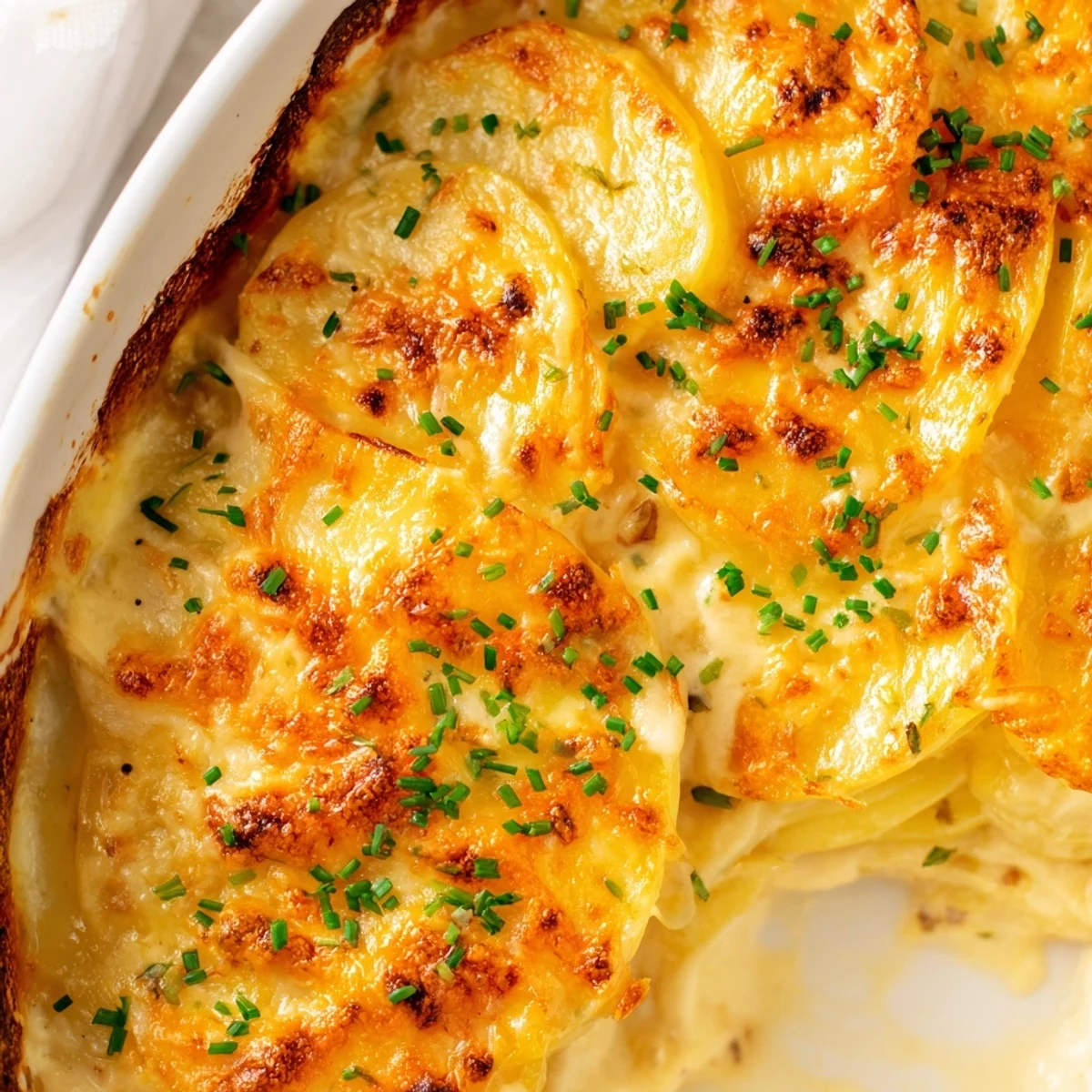 Golden cheesy potatoes au gratin with Gruyère bubbling in a creamy white sauce