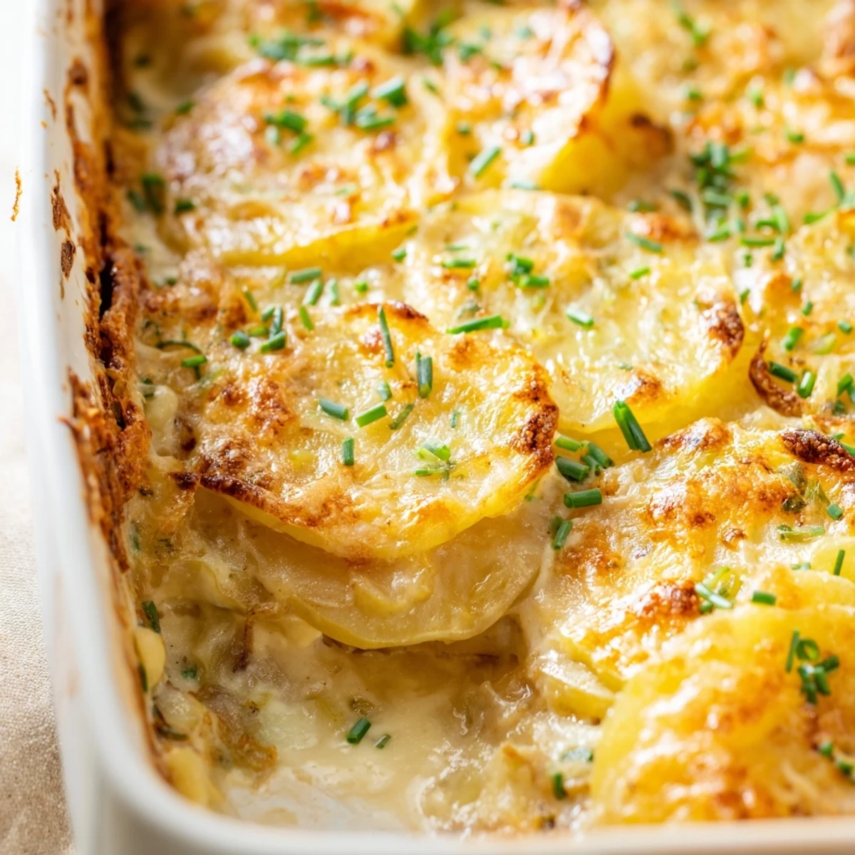 Classic French potatoes au gratin featuring Yukon Gold potatoes in a velvety Gruyère cream sauce