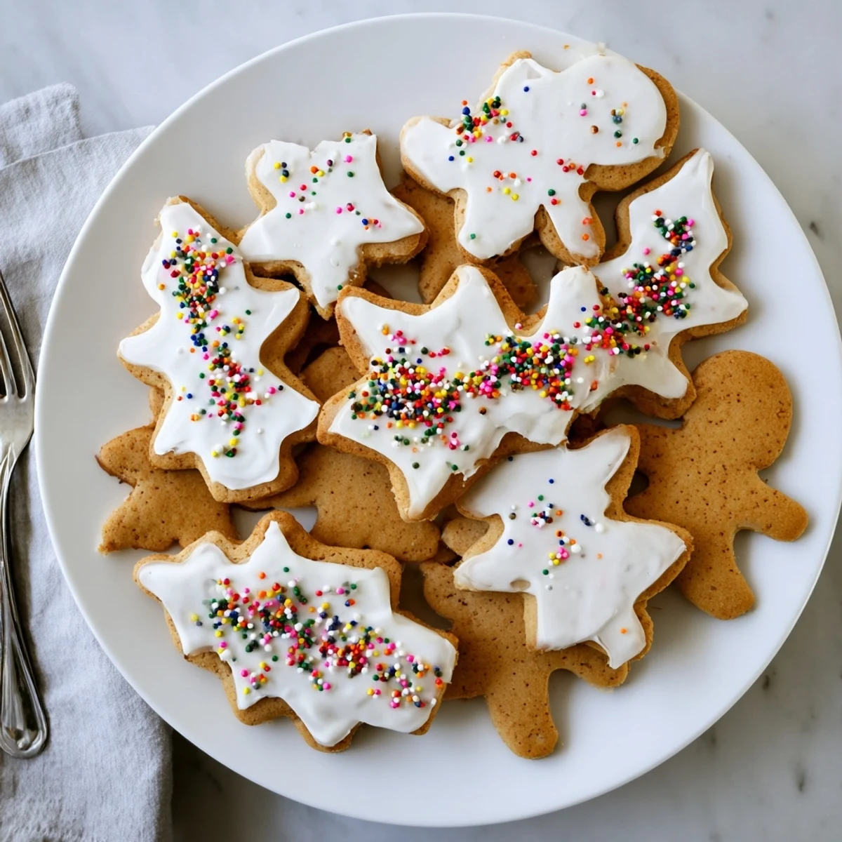 Classic cut out gingerbread cookies arranged on a festive holiday plate with piped royal icing designs