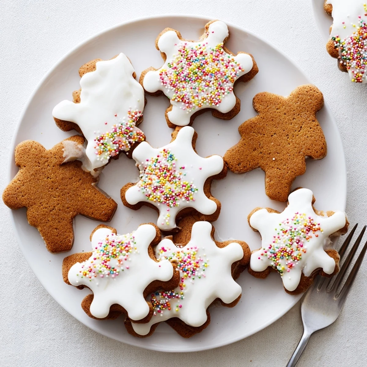Homemade spiced gingerbread cookies shaped like stars and trees finished with shimmering sugar decorations