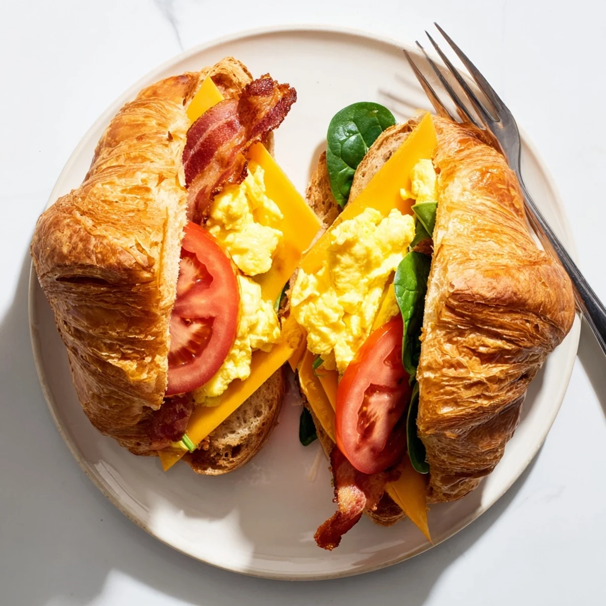 Golden croissant breakfast sandwiches stacked with crispy bacon, fluffy scrambled eggs, and melted cheddar cheese