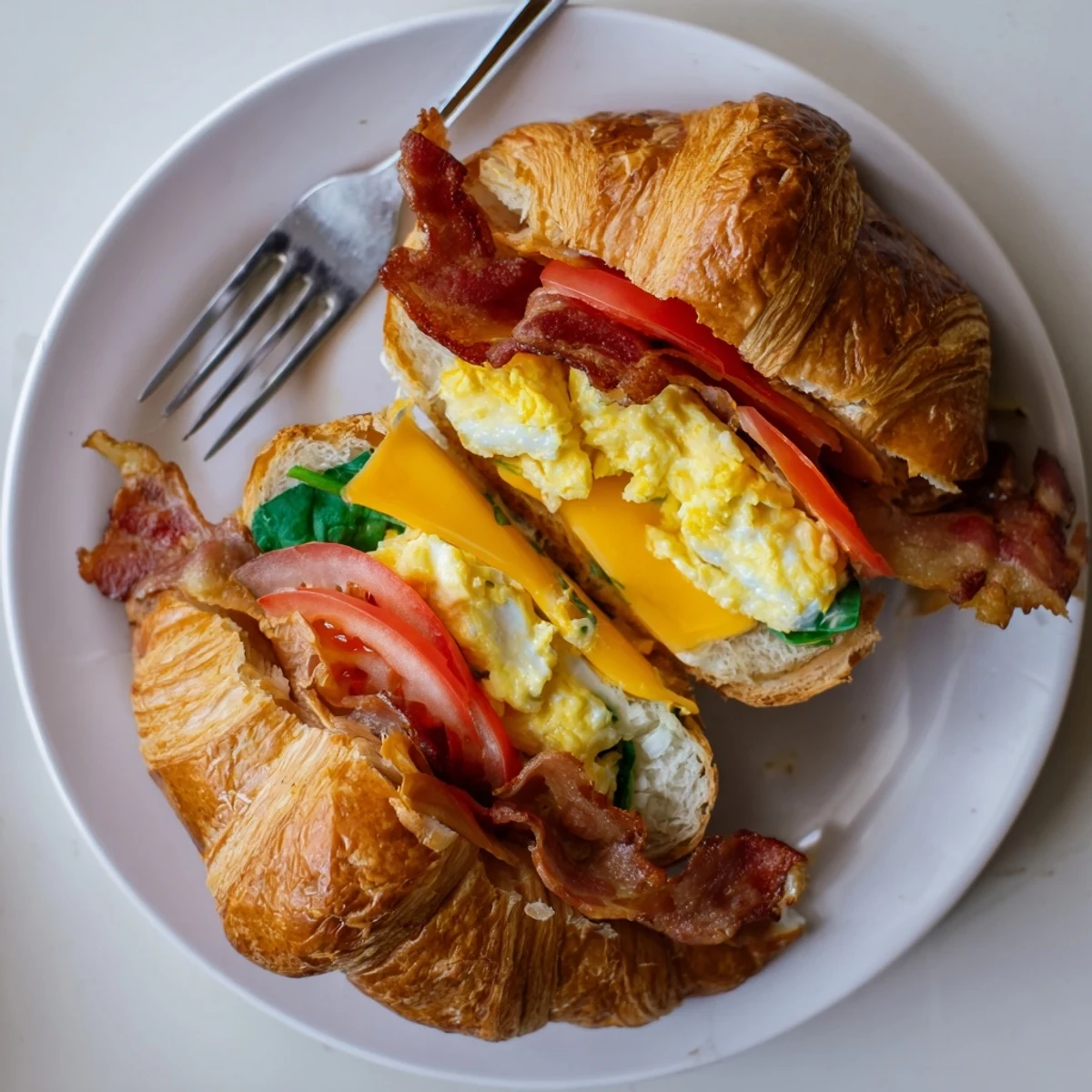 Warm croissant breakfast sandwiches served on a wooden board with melted cheese and crisp bacon strips