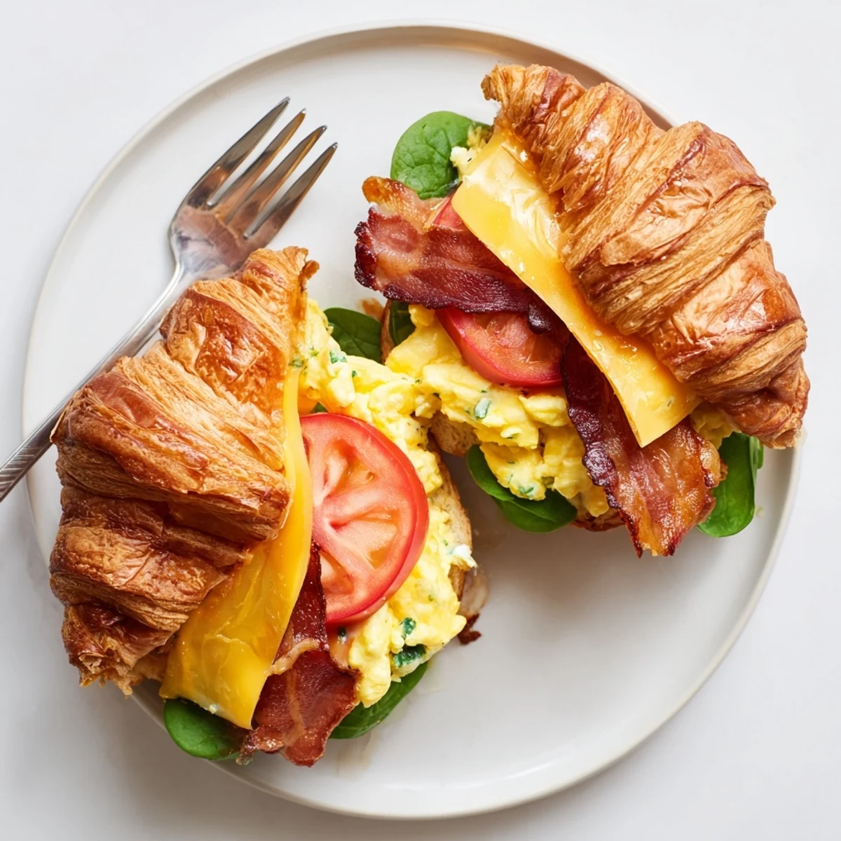 Flaky buttery croissants sliced horizontally revealing layers of eggs, bacon, cheese, tomato, and fresh spinach