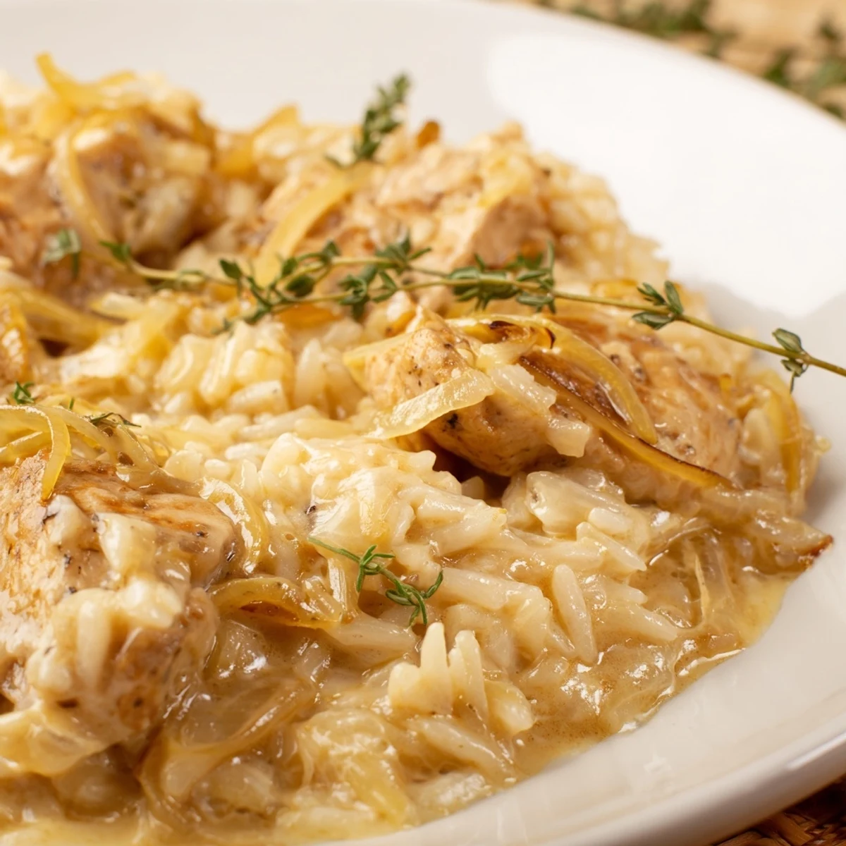 Golden chicken breasts nestled atop creamy rice with melted Gruyère and caramelized onions in a rich French-inspired sauce