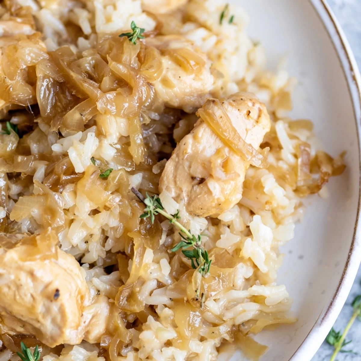 Savory one-pot creamy French onion chicken rice featuring tender meat, golden-brown onions, and melted Swiss cheese
